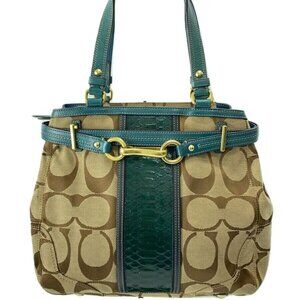 Coach Signature Exotic Stripe & Turquoise Leather Trim Satchel
